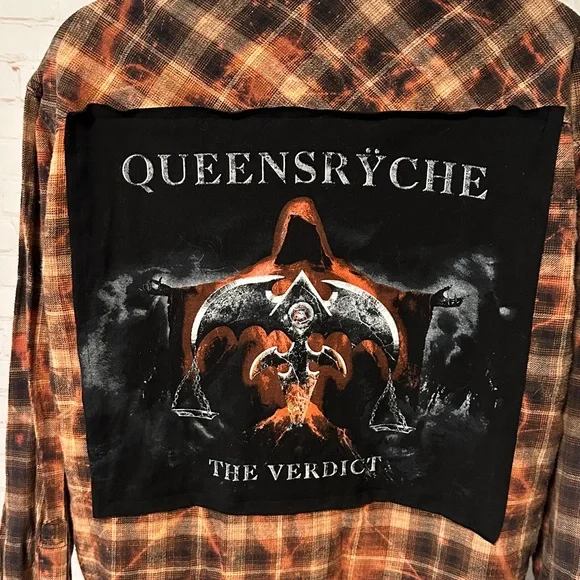 Upcycled Tee Queensryche The Verdict 
Bleached Flannel Shirt Sz L - Picture 2 of 6